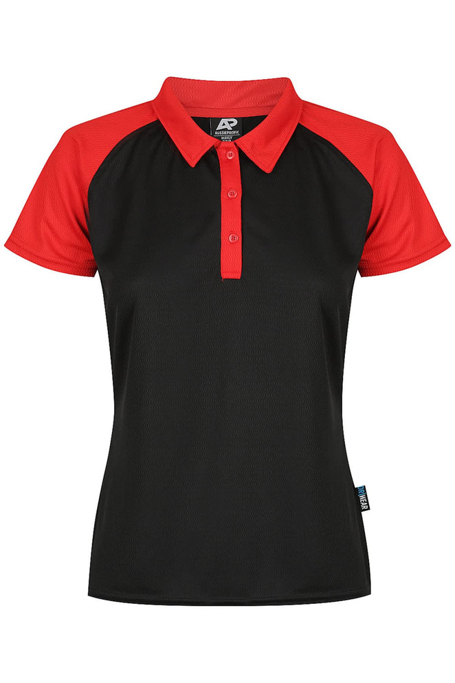 A polo shirt featuring a black body and red sleeves, with a collared neckline and a logo on the design.