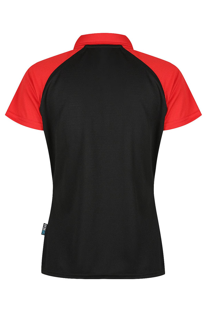 A polo shirt featuring a black body with red sleeves and a logo. The design is sporty and modern.