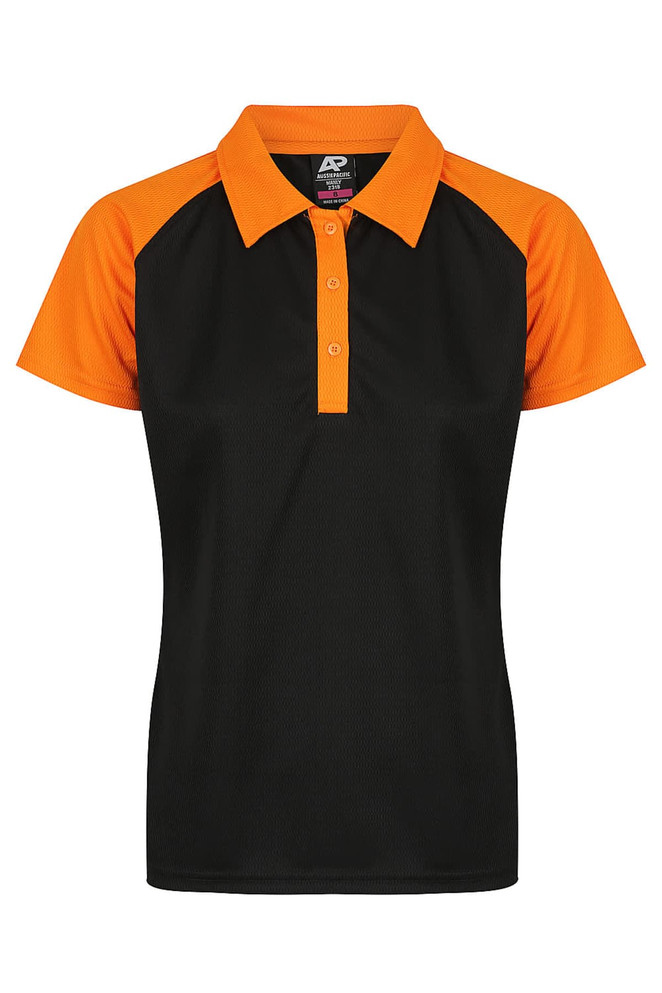 A black polo shirt with orange accents and a logo on the left side. Short sleeves and a classic collar design.