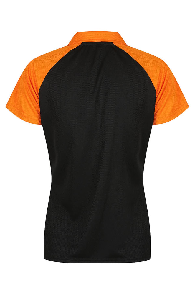 A polo shirt featuring a black body with orange sleeves and a logo on the back.