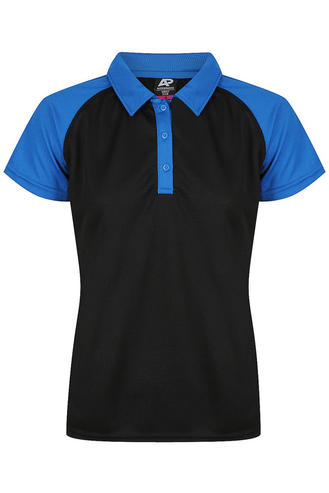 A black and blue polo shirt with a collared neckline and short sleeves, featuring a logo on the chest.