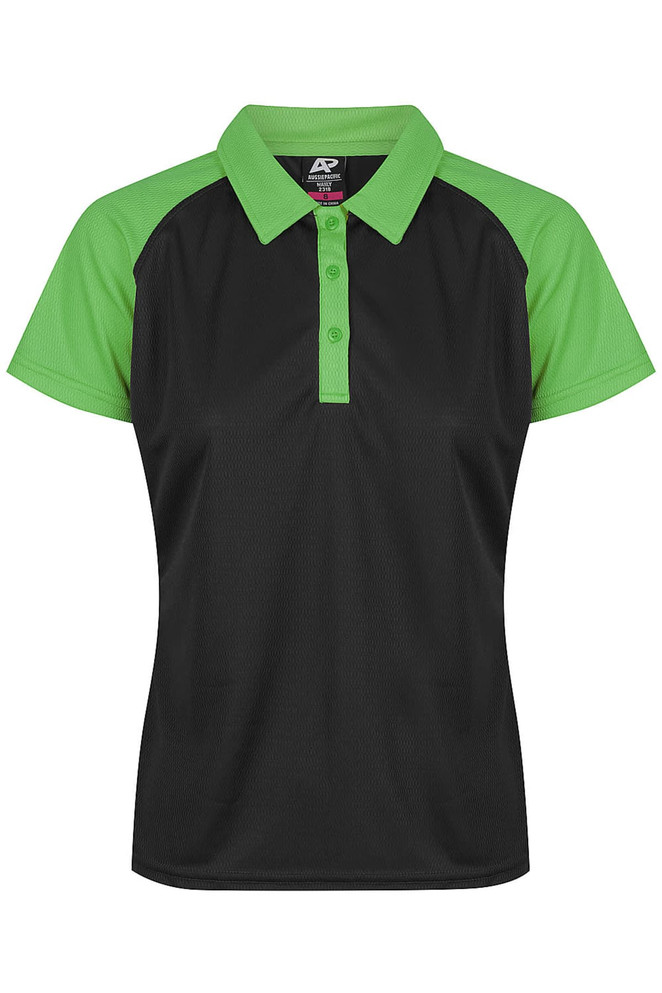A black and green polo shirt featuring a collared neck, short sleeves, and a logo on the front.