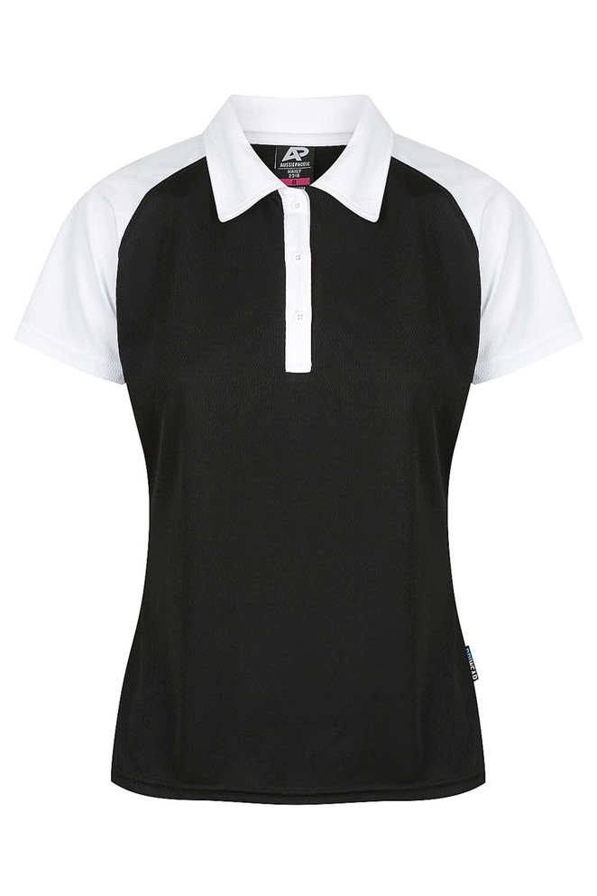 A black polo shirt with white sleeves and a collar, featuring a brand logo on the side.
