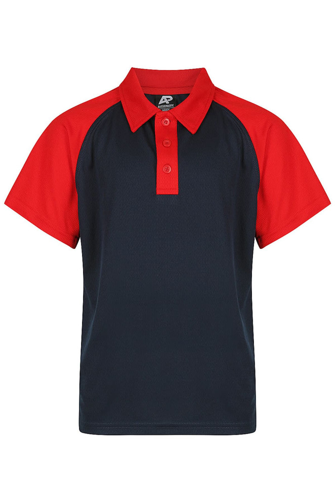 A short-sleeved polo shirt featuring a navy body with red sleeves and a collar, including a logo.