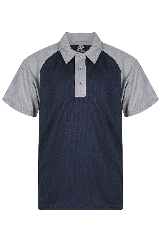 A navy and grey polo shirt featuring a collared neckline and short sleeves, with a logo on the label.