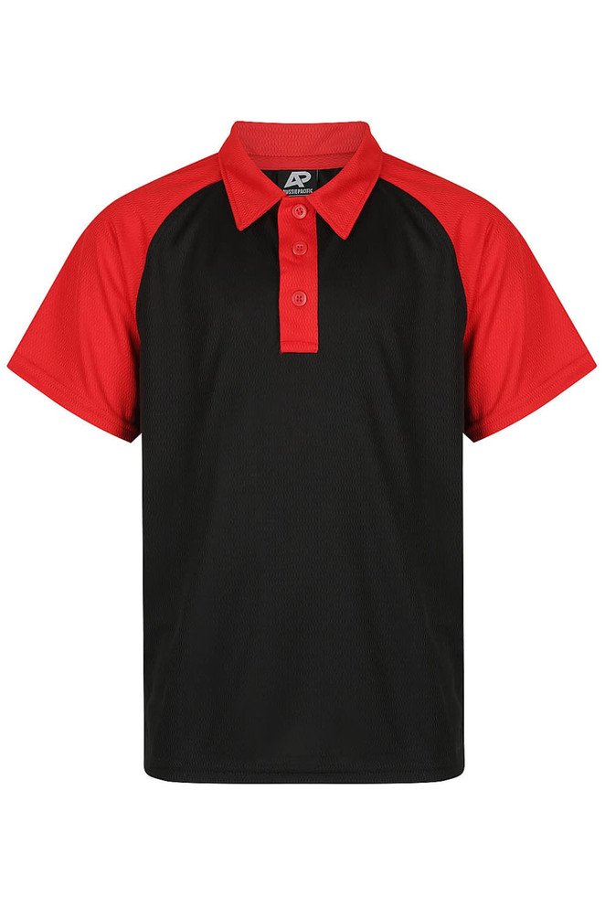 A black polo shirt with red shoulders and a collar, featuring buttons and a logo on the label.