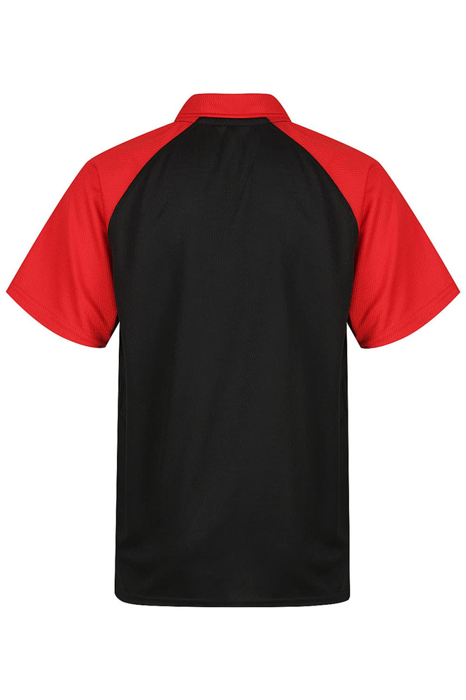 A polo shirt featuring a black body with red sleeves and a collar, designed for children.