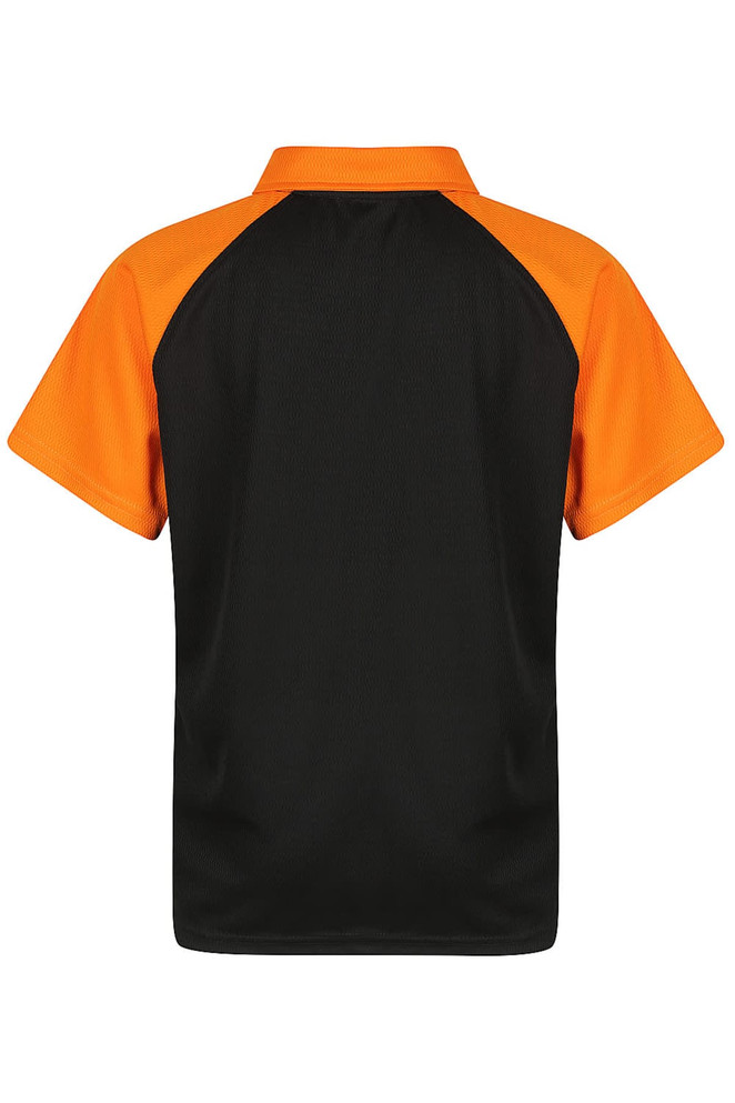 A black and orange polo shirt with a short-sleeved design and a collar. Features a logo on the fabric.