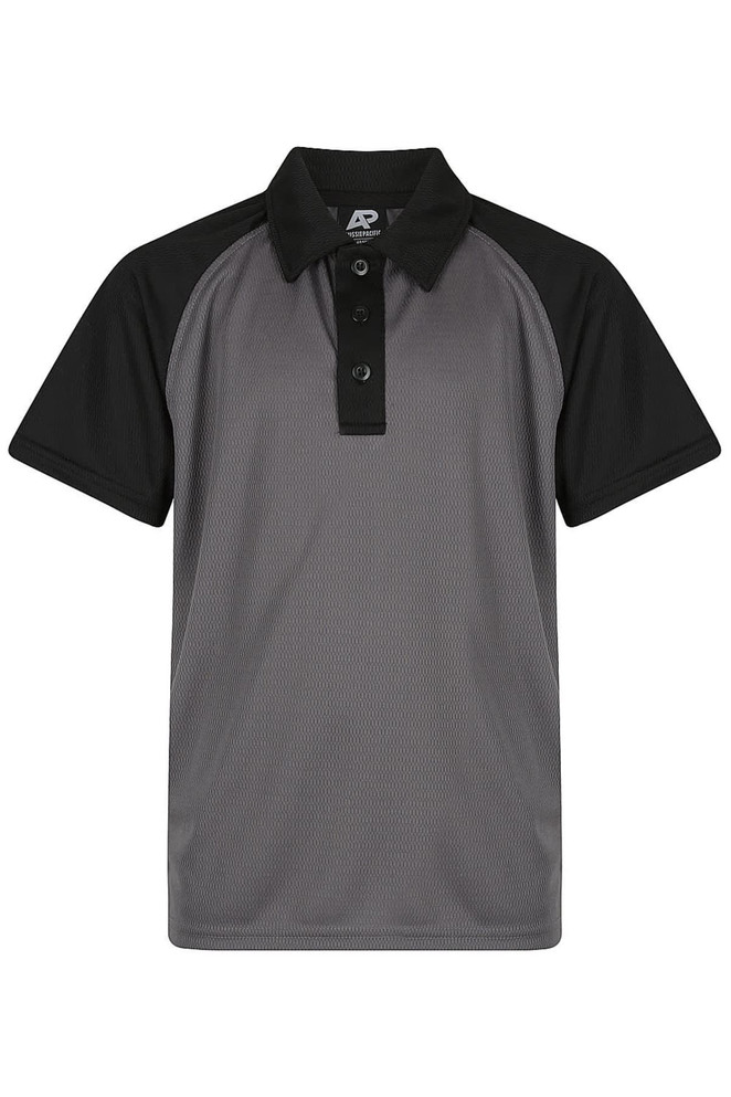 A grey and black polo shirt with a collar and button placket, featuring a logo on the chest area.