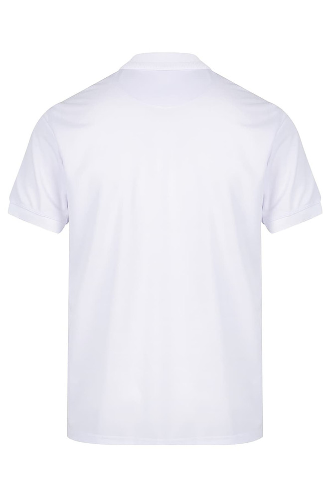 A white polo shirt with a classic collar and short sleeves, featuring a logo. Styled for casual wear.