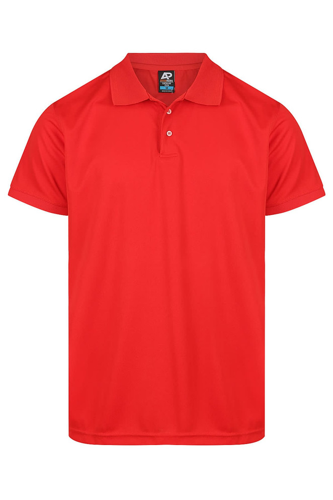 A red polo shirt featuring a collar and three buttons, with a logo on the tag.
