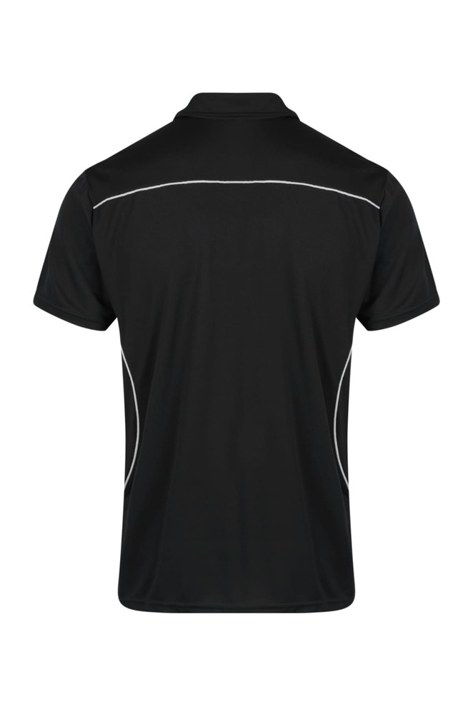 A black polo shirt featuring contrast piping along the seams and a logo on the front.