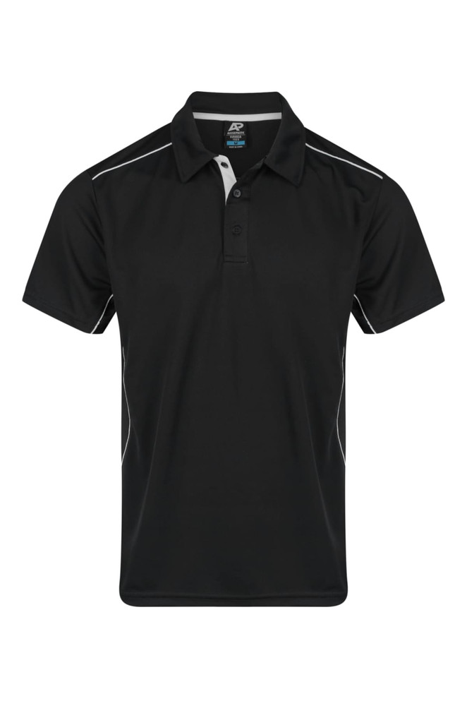 A black men's polo shirt with white accents and a logo on the chest, featuring a classic collar and short sleeves.