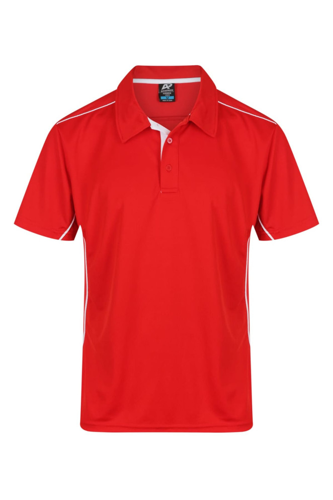 A red polo shirt with white detailing and a collar, featuring branding on the chest.