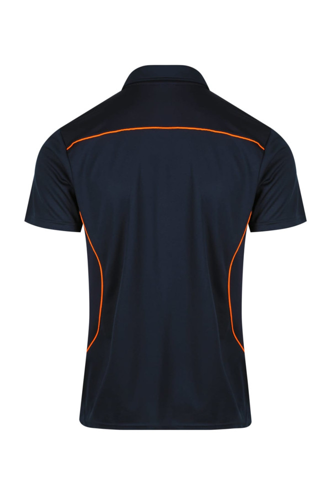A navy polo shirt featuring orange piping and a branded logo on the back.