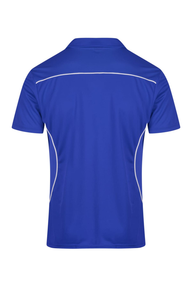 A blue men's polo shirt featuring contrasting white piping and a brand logo on the back.
