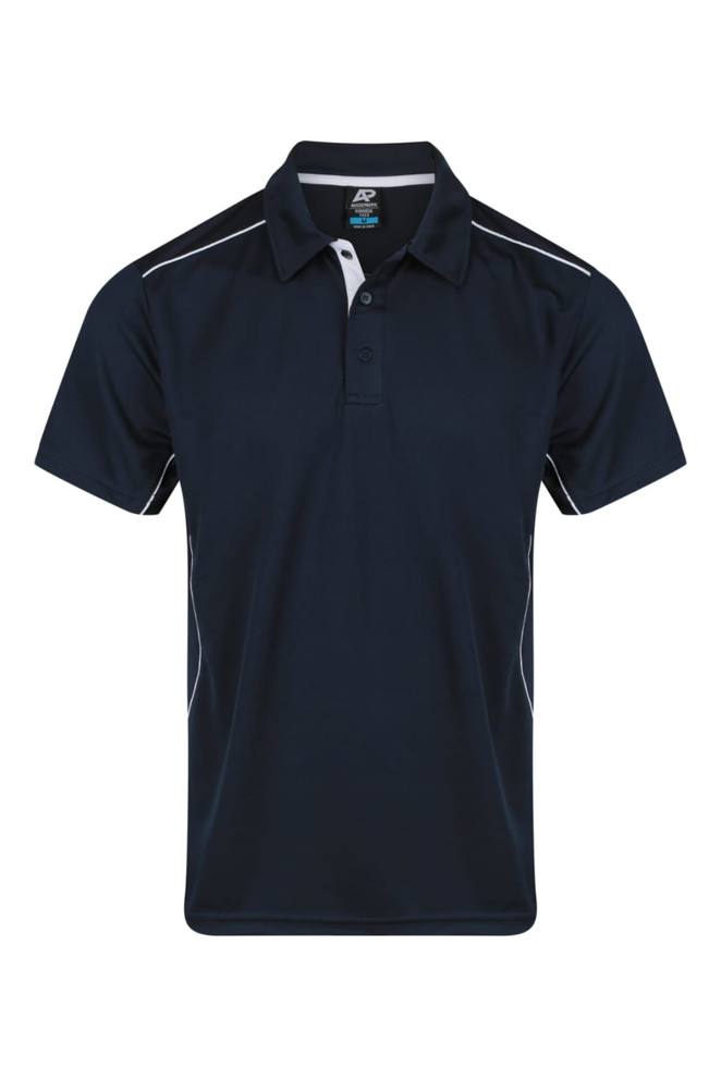 A navy polo shirt featuring white side stripes and a collar. It has a logo on the chest area.