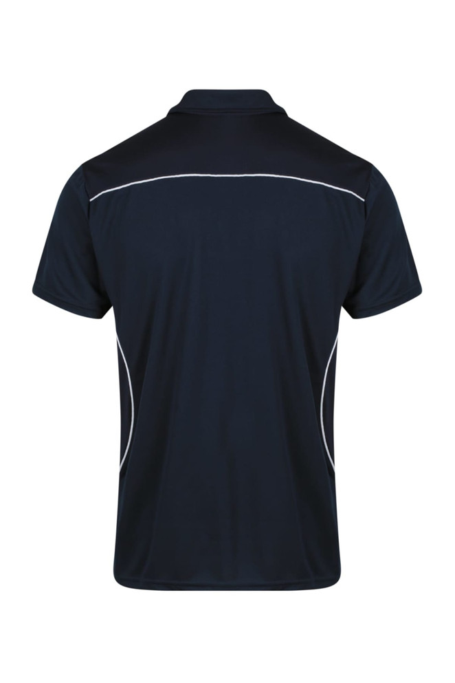 A navy blue polo shirt featuring white accents and a logo. Шirt has a classic collar and a short-sleeve design.