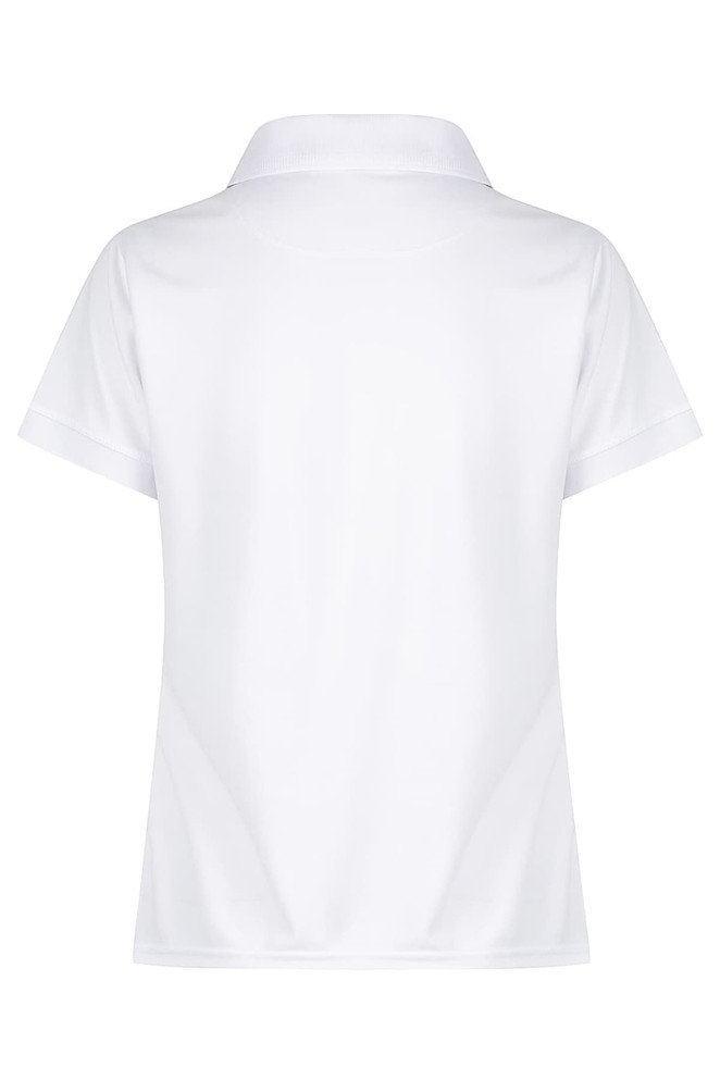 A white polo shirt with a classic collar and short sleeves, featuring a logo on the back.