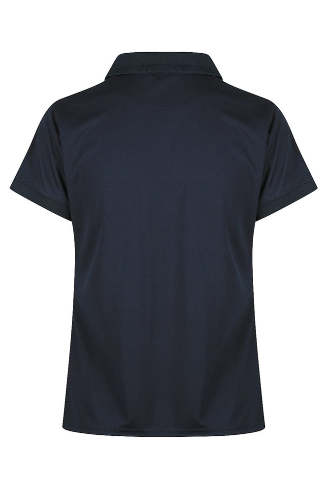 A dark navy polo shirt with a classic collar and short sleeves, featuring a logo on the side.
