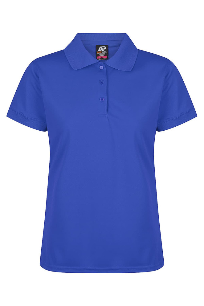 A blue polo shirt featuring a collar and buttons, with a branding logo on the inside label.