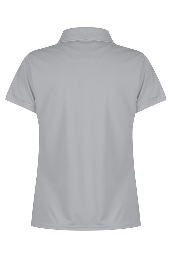 A grey polo shirt with a classic collar and short sleeves, featuring a branding logo.