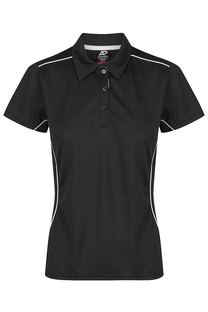 A black polo shirt with a collared neck and white detailing, featuring buttons and a logo.