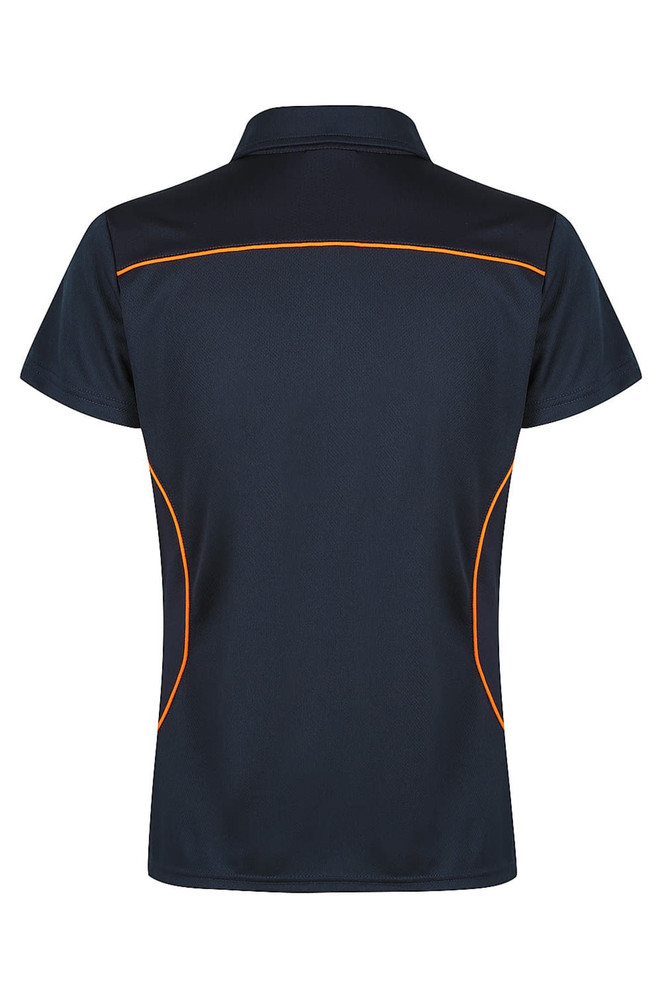 A navy polo shirt with orange accents, featuring a collar and short sleeves. The back is smooth and plain.