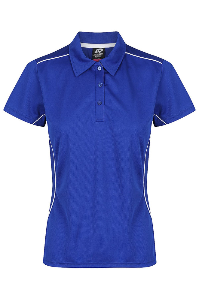A blue women's polo shirt featuring a collar, short sleeves, and contrasting piping, with a logo on the chest.