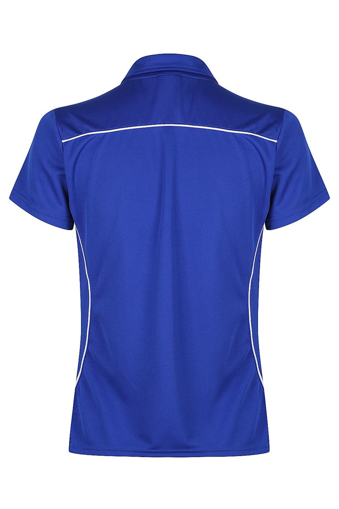 A blue polo shirt featuring a collared neckline and white accent detailing at the seams, with a logo.