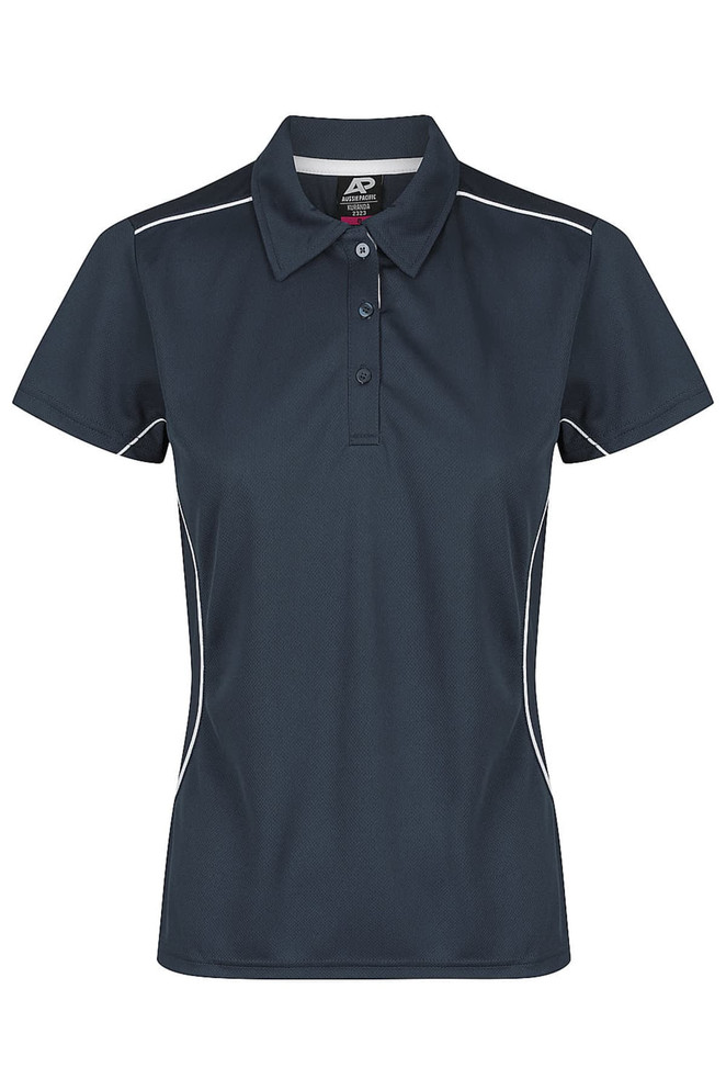 A dark teal women's polo shirt featuring a collar, short sleeves, and contrasting side stripes.