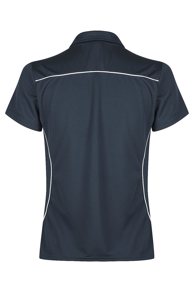 A dark grey polo shirt featuring a collar and white piping details, with a branded logo.