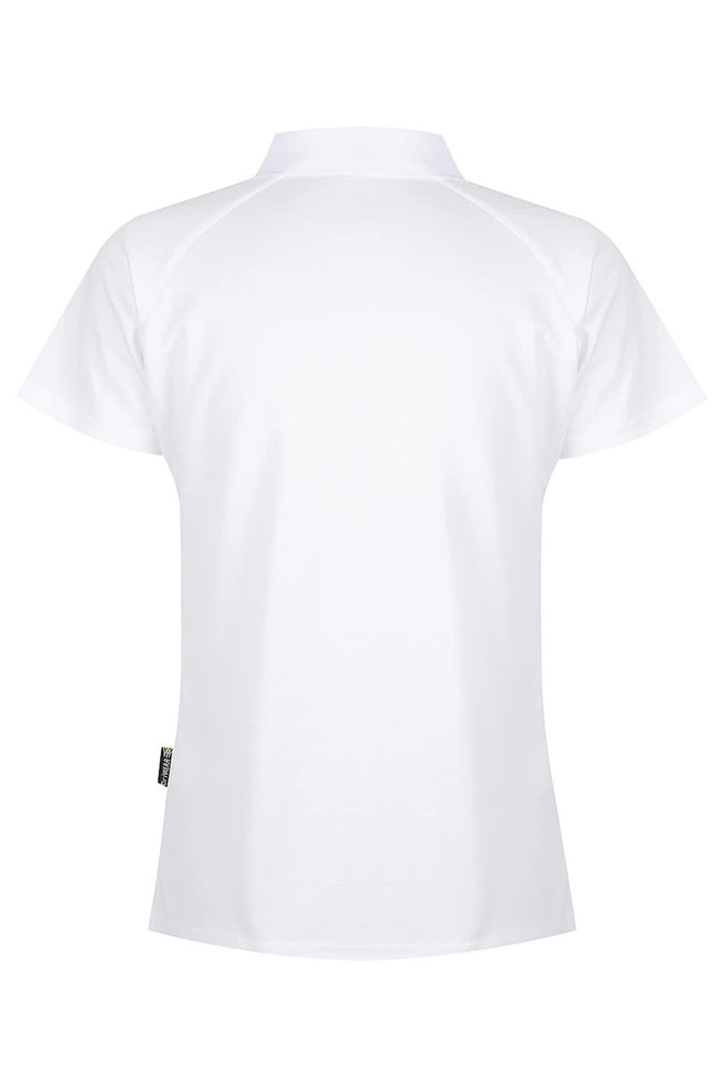 A white polo shirt with short sleeves and a collar, featuring a logo on the side.