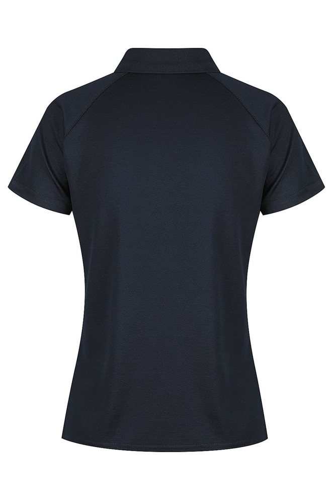 A dark navy polo shirt with a collared neckline and short sleeves, featuring a logo on the back.