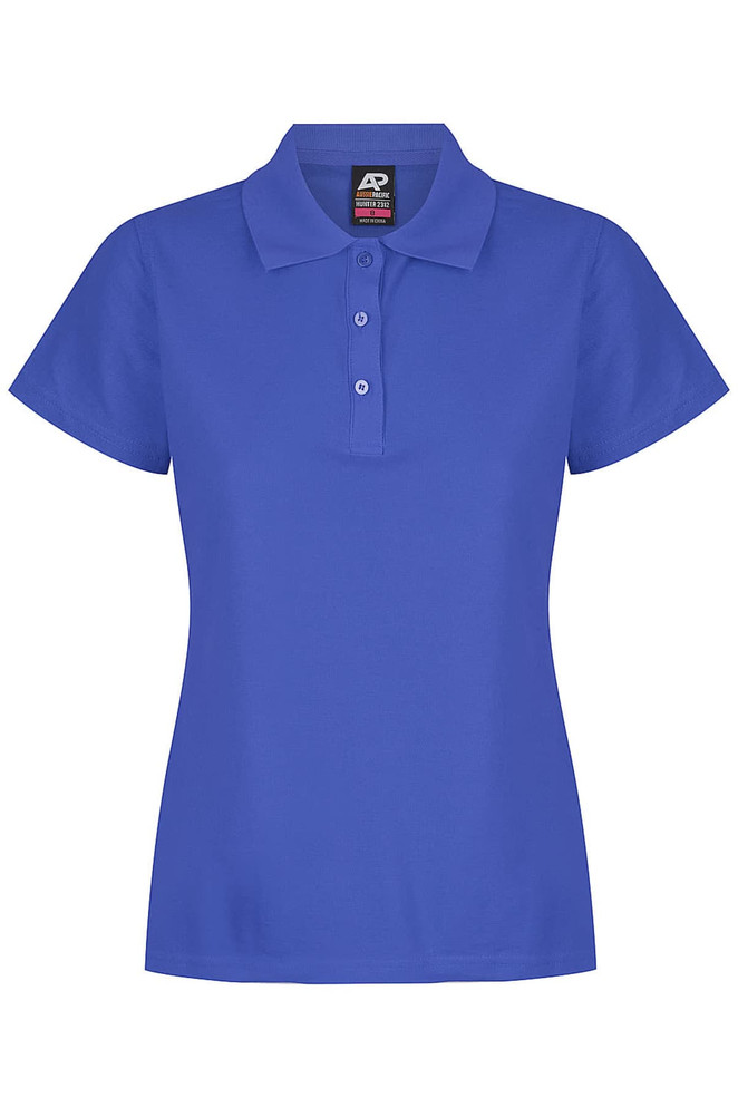 A women’s polo shirt in a vibrant blue colour with a classic collar and three-button placket. It features a logo.