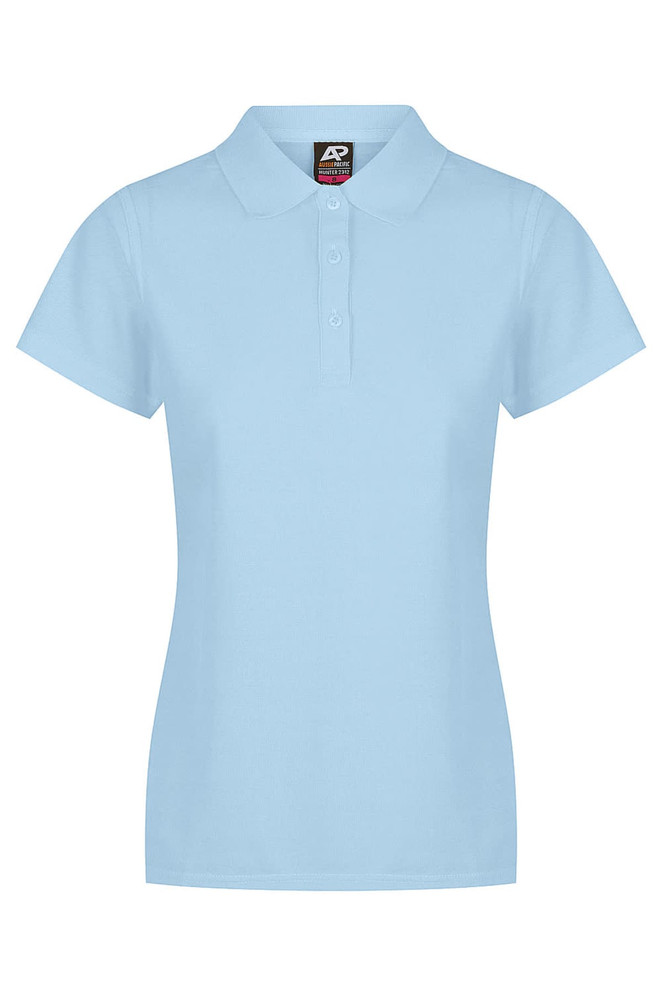 A light blue polo shirt featuring a collar and five buttons, with a logo on the label.