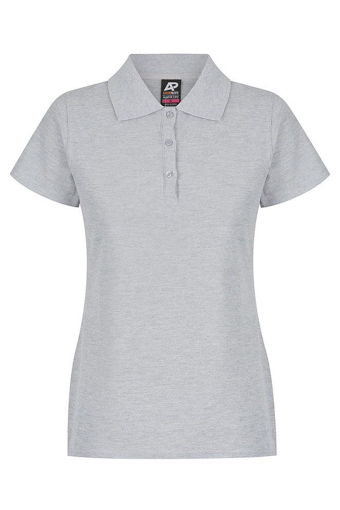 A light grey polo shirt with a collar and three buttons, featuring a logo on the tag.