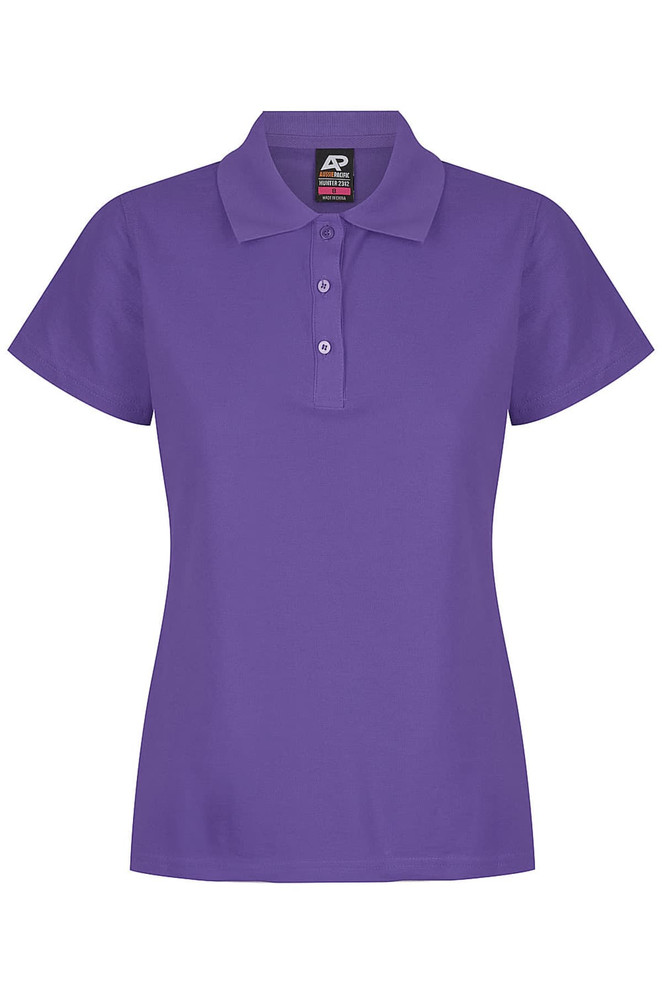 A purple polo shirt with a traditional collar and three buttons at the front, featuring a logo on the collar.