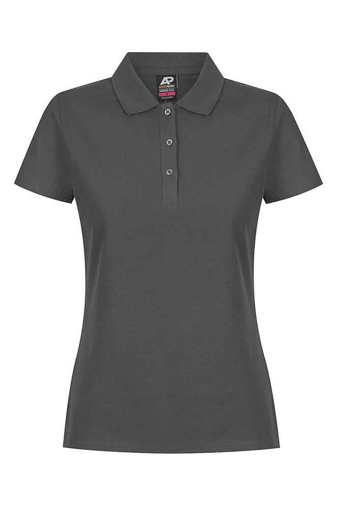 A dark grey women's polo shirt featuring a collared neck and button placket, with a logo on the inside.