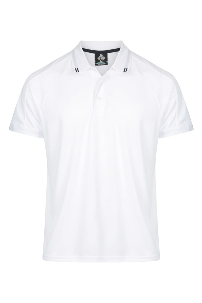 A white polo shirt with a collar and short sleeves featuring a branding logo.