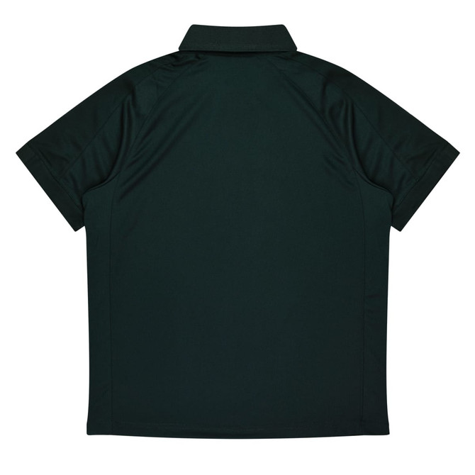 A dark green polo shirt with a classic collar and short sleeves, featuring a logo on the chest.
