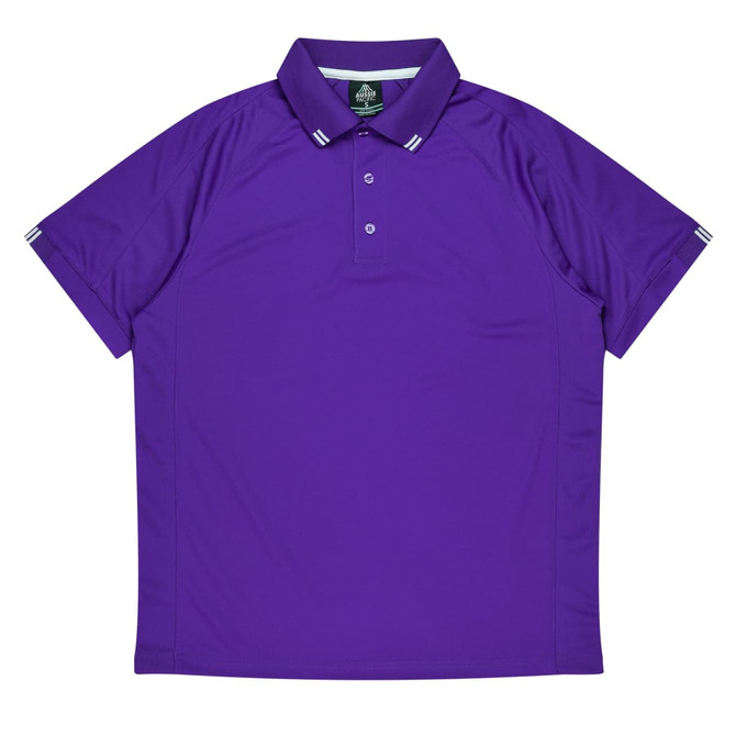 A purple polo shirt with a classic collar, featuring stripes on the sleeves and a logo.