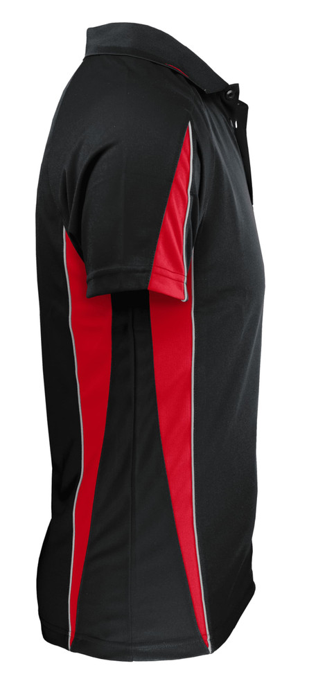A black polo shirt with red and white accents on the sides, featuring a collar and short sleeves.