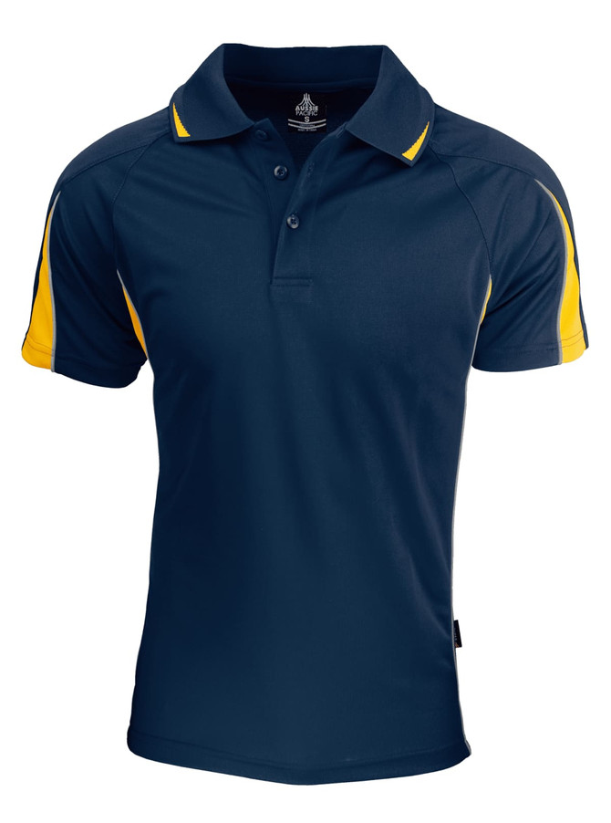 A navy blue polo shirt with yellow accents and a logo on the chest.