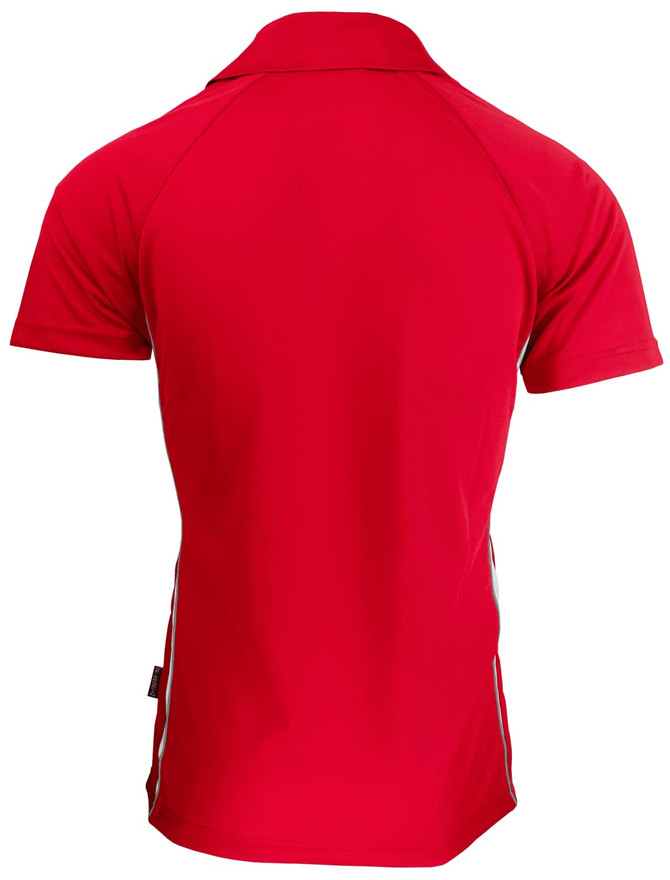 A red men's polo shirt featuring a sleek design and a logo on the side.