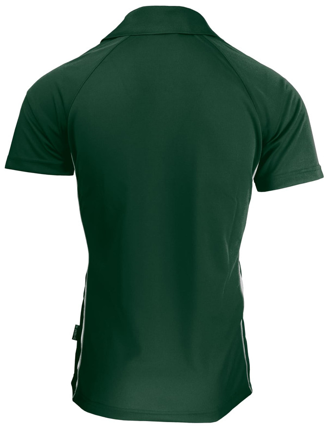 A green polo shirt featuring a classic design with a back view and a logo on the side.