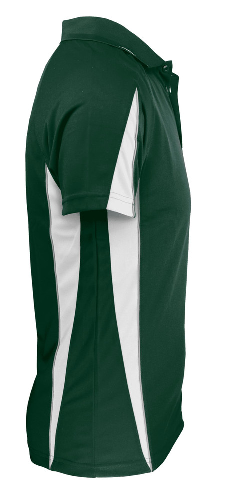 A green and white polo shirt featuring a logo on the chest and contrasting side panels.