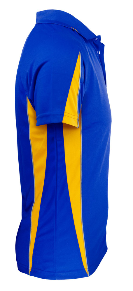 A blue polo shirt with yellow side panels and a collar, featuring a logo on the chest.