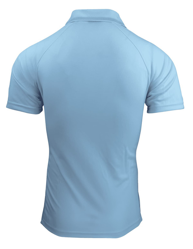 A light blue polo shirt featuring a collar and a branded logo on the back.