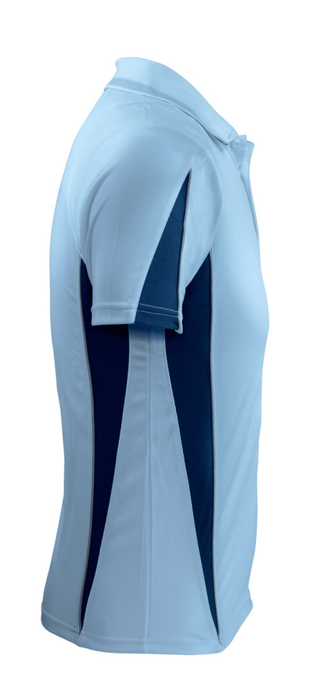 A light blue polo shirt with navy side panels and a logo on the chest. It features a classic collar and short sleeves.